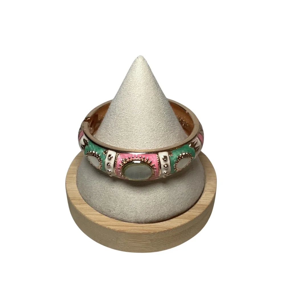 Jiu Long Xing Pink Green Enamel Rose Gold Tone Hinged Bangle Bracelet Cabochon